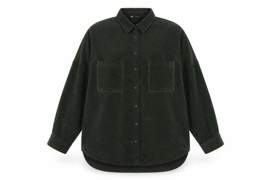 Zara Women Green M Basic Corduroy Button-Up Shirt Long Sleeve Pockets