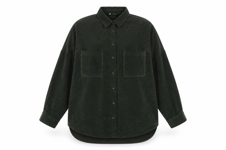 Zara Women Green M Basic Corduroy Button-Up Shirt Long Sleeve Pockets