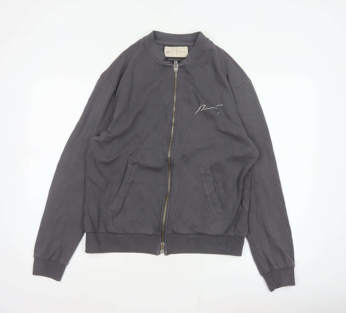 Prevu Men’s Grey Cotton Bomber Jacket L Full Zip Logo