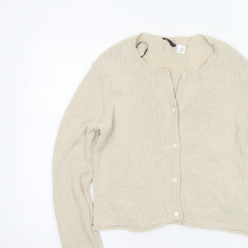 H&M Women Beige L Button Front Open-Knit Long Sleeve Cardigan