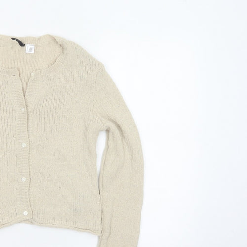 H&M Women Beige L Button Front Open-Knit Long Sleeve Cardigan
