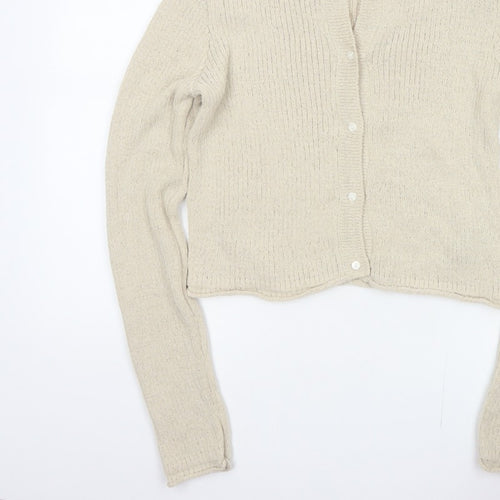 H&M Women Beige L Button Front Open-Knit Long Sleeve Cardigan