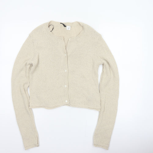 H&M Women Beige L Button Front Open-Knit Long Sleeve Cardigan