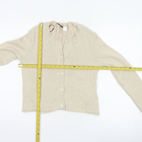 H&M Women Beige L Button Front Open-Knit Long Sleeve Cardigan