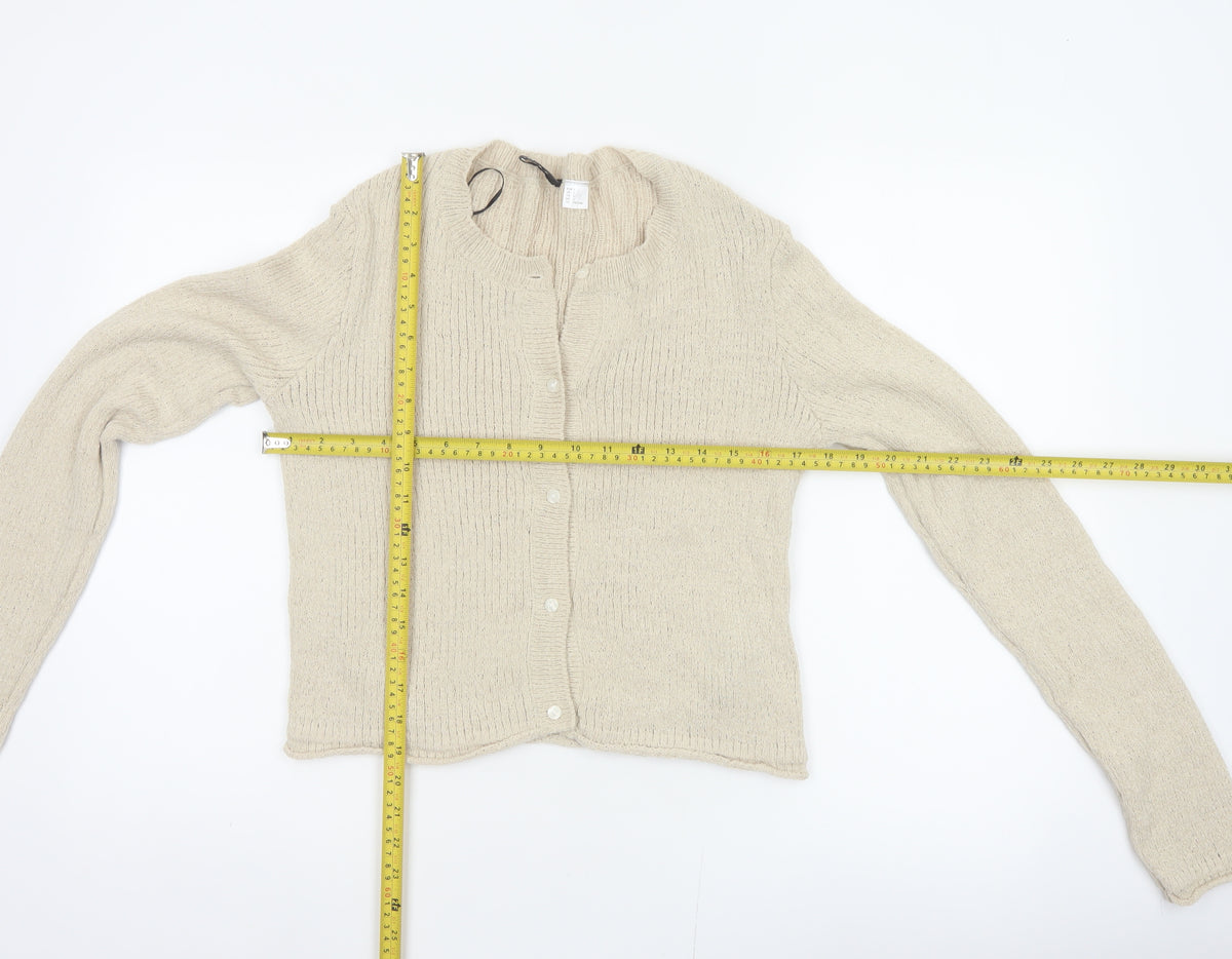 H&M Women Beige L Button Front Open-Knit Long Sleeve Cardigan