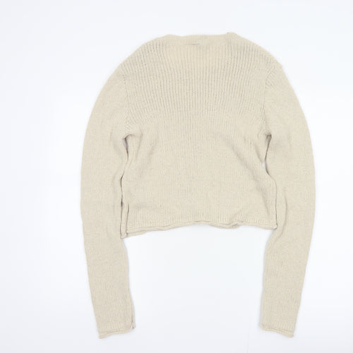 H&M Women Beige L Button Front Open-Knit Long Sleeve Cardigan