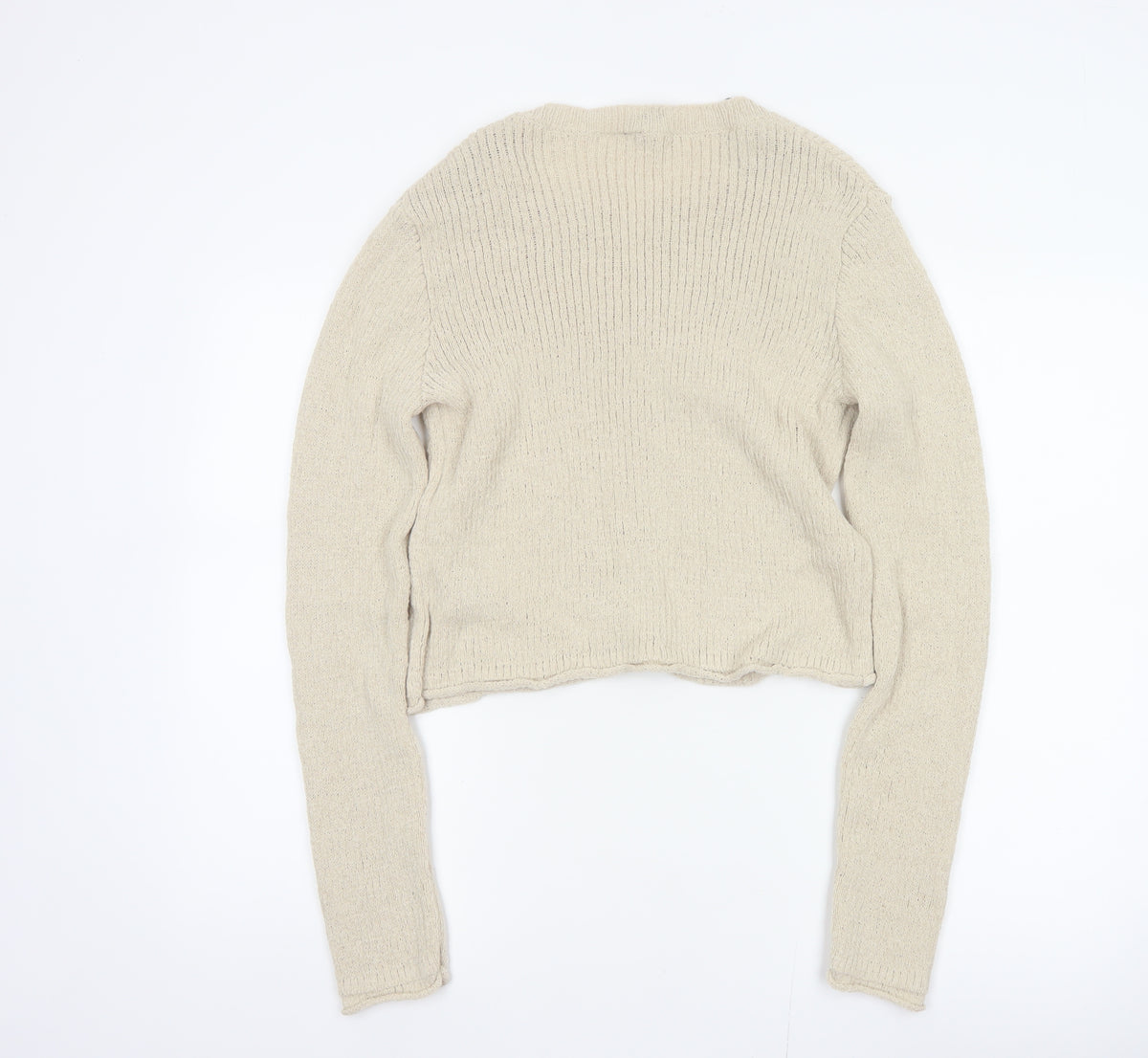 H&M Women Beige L Button Front Open-Knit Long Sleeve Cardigan