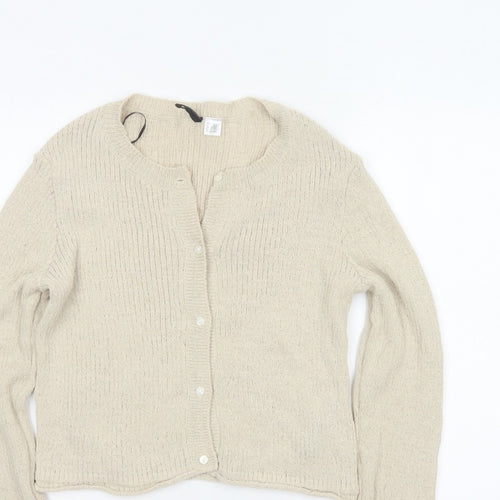 H&M Women Beige L Button Front Open-Knit Long Sleeve Cardigan