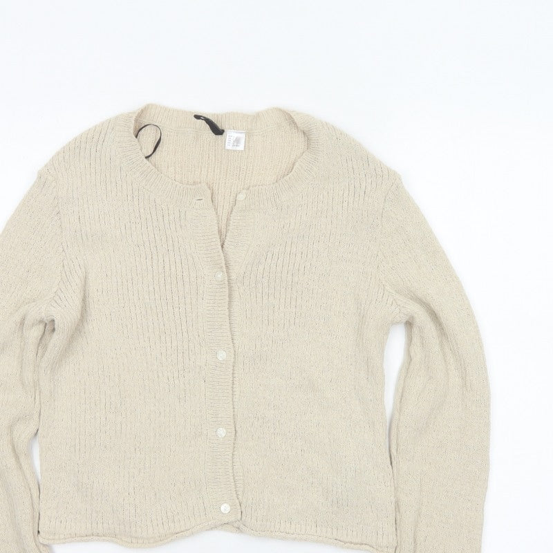 H&M Women Beige L Button Front Open-Knit Long Sleeve Cardigan
