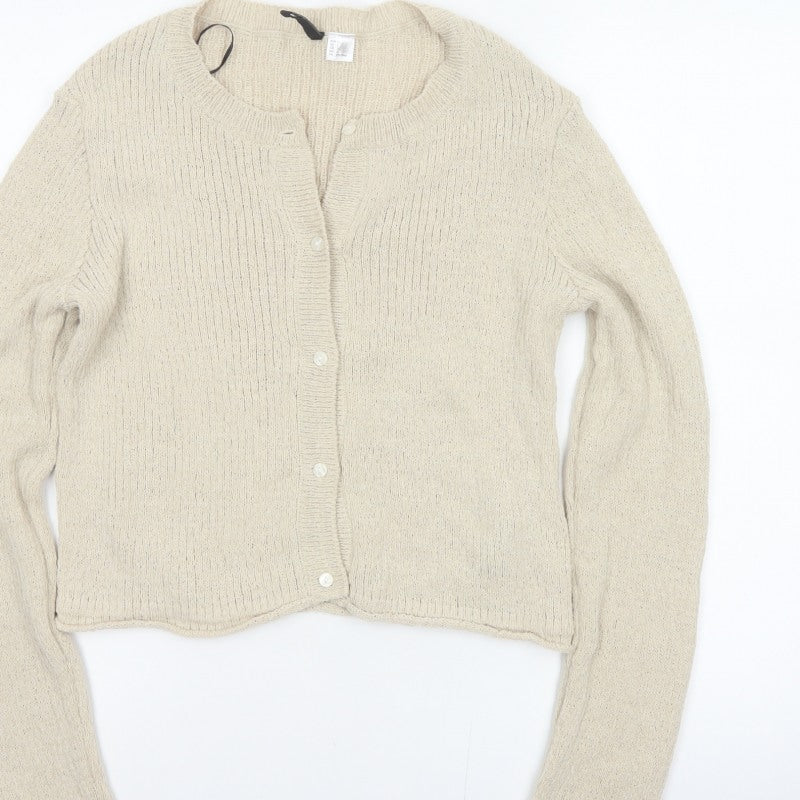 H&M Women Beige L Button Front Open-Knit Long Sleeve Cardigan