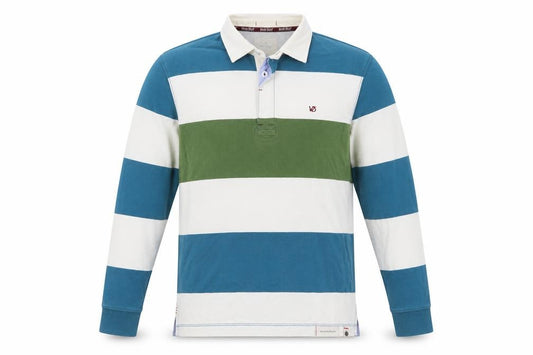 White Stuff Men’s Small Blue Green Striped Cotton Rugby Polo Shirt