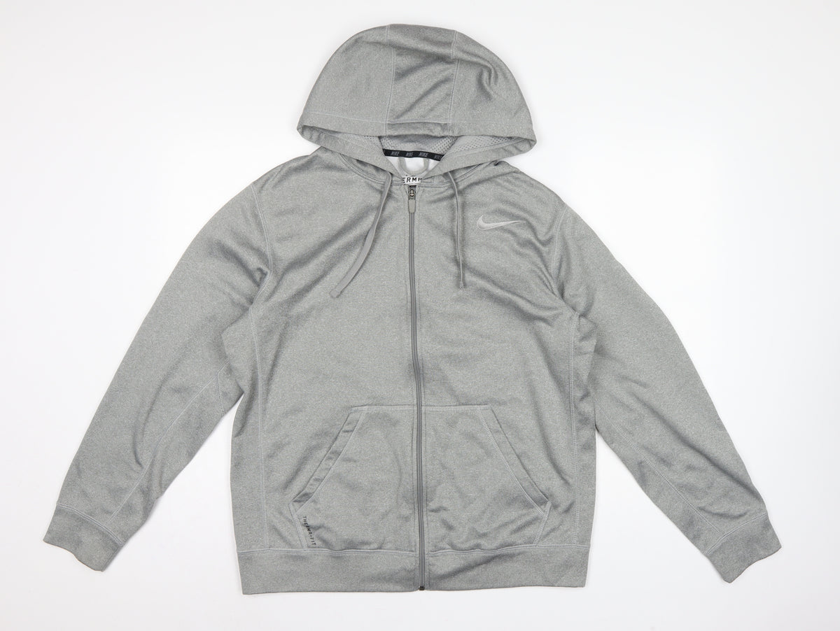 Nike Men's Grey M Therma-FIT Full Zip Hooded Fleece Hoodie Logo