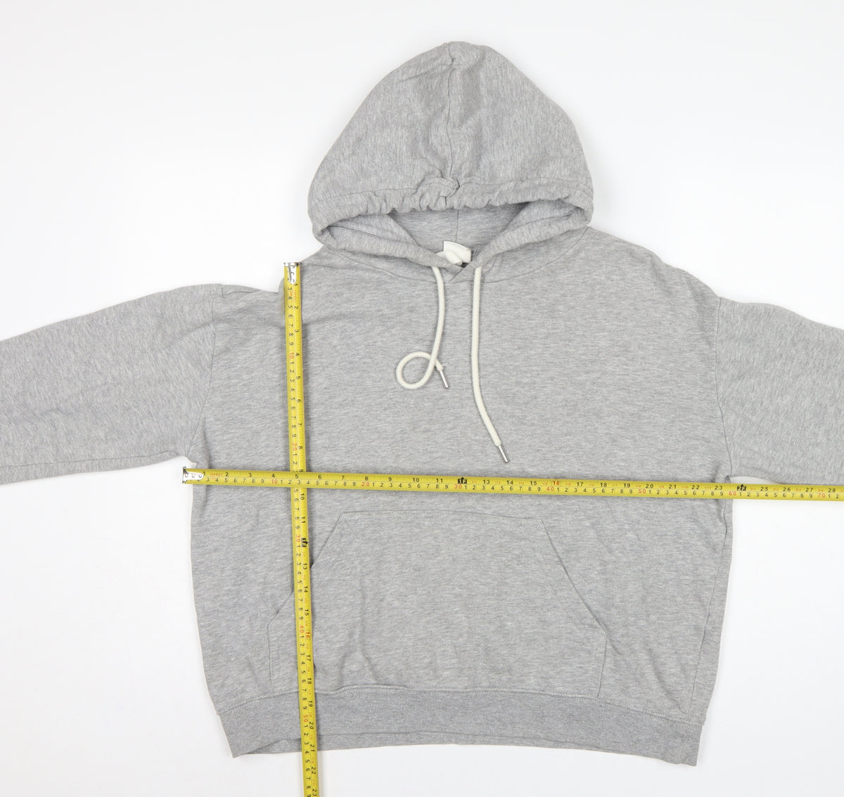 Close-up detail of H&M Women Grey M Pullover Hoodie Drawstring Kangaroo Pocket