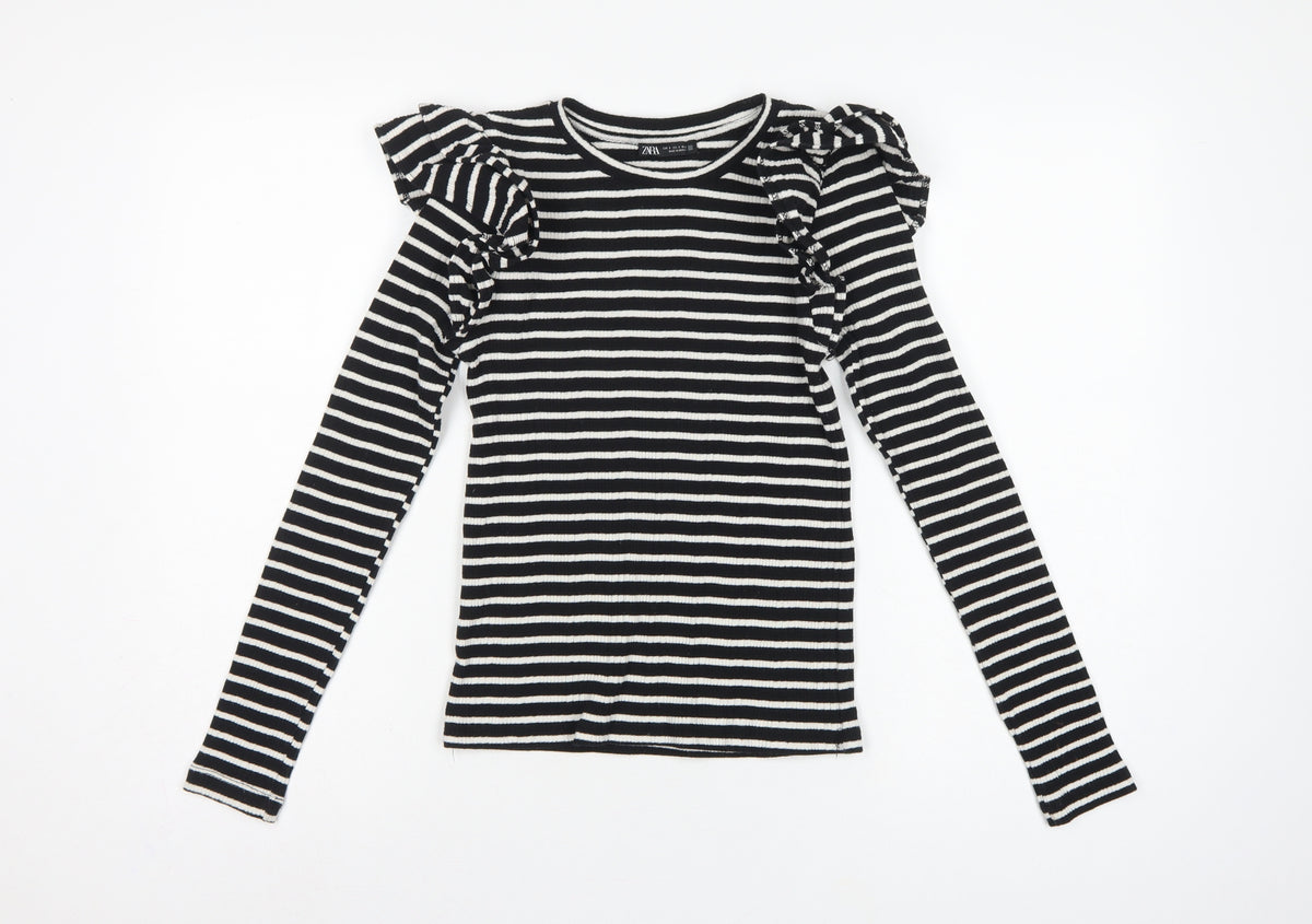 Back view of Zara Women Black White S Striped Ruffle Long Sleeve Basic T-Shirt