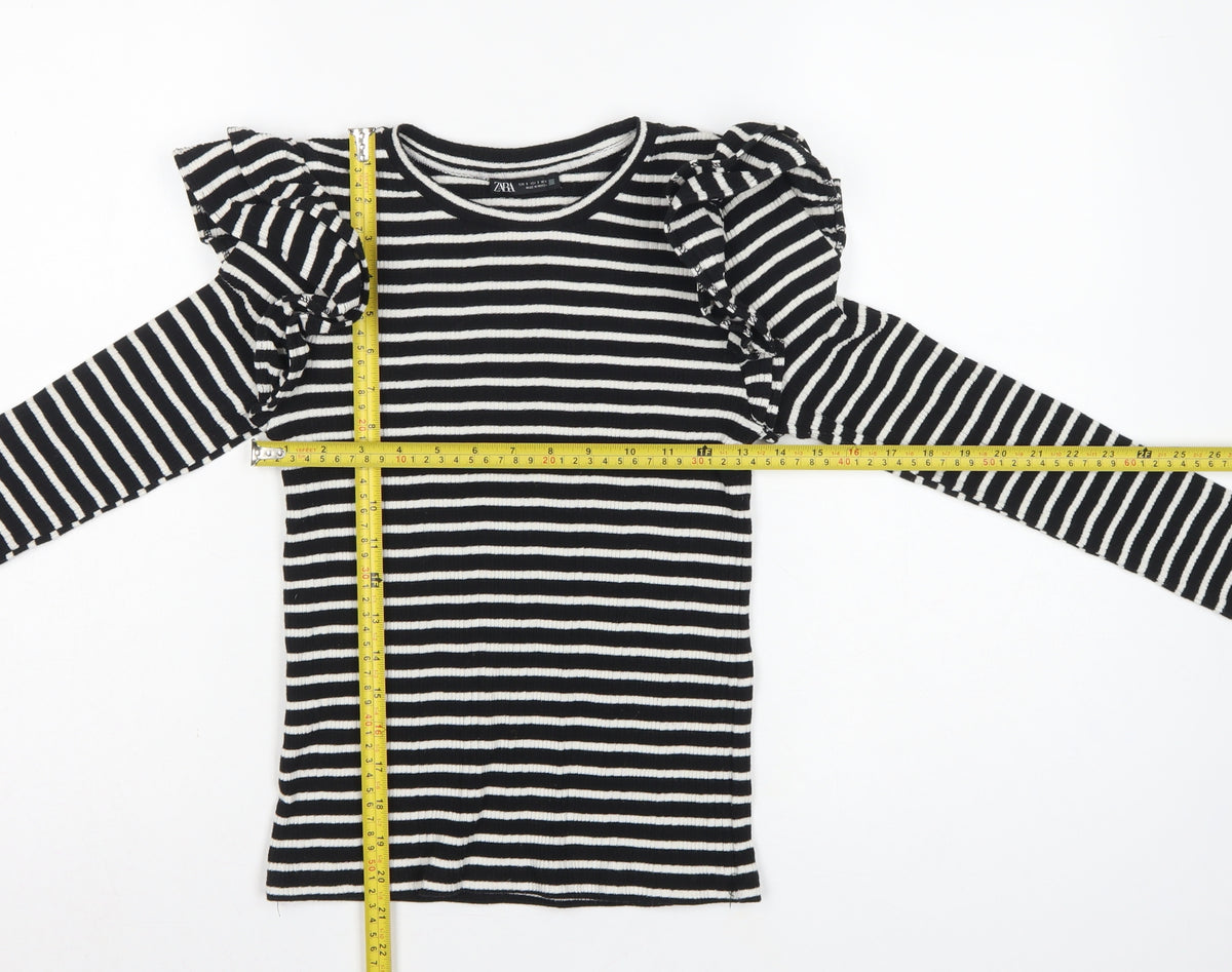 Close-up detail of Zara Women Black White S Striped Ruffle Long Sleeve Basic T-Shirt