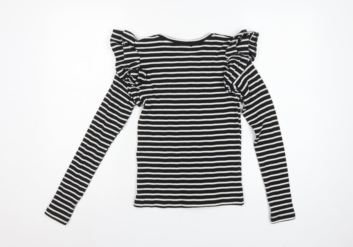 Brand and care label for Zara Women Black White S Striped Ruffle Long Sleeve Basic T-Shirt