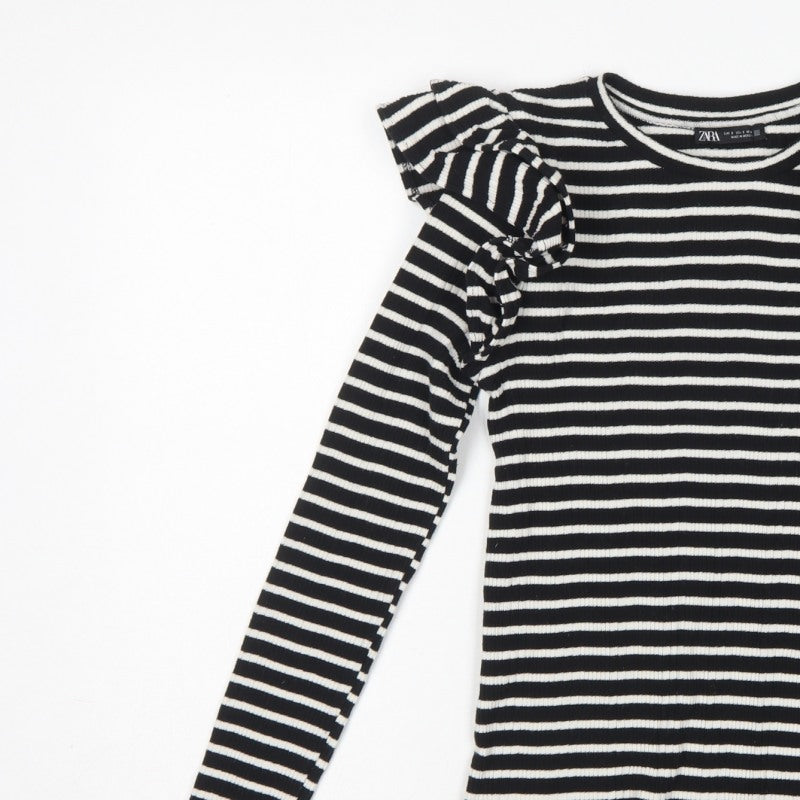 Additional view of Zara Women Black White S Striped Ruffle Long Sleeve Basic T-Shirt