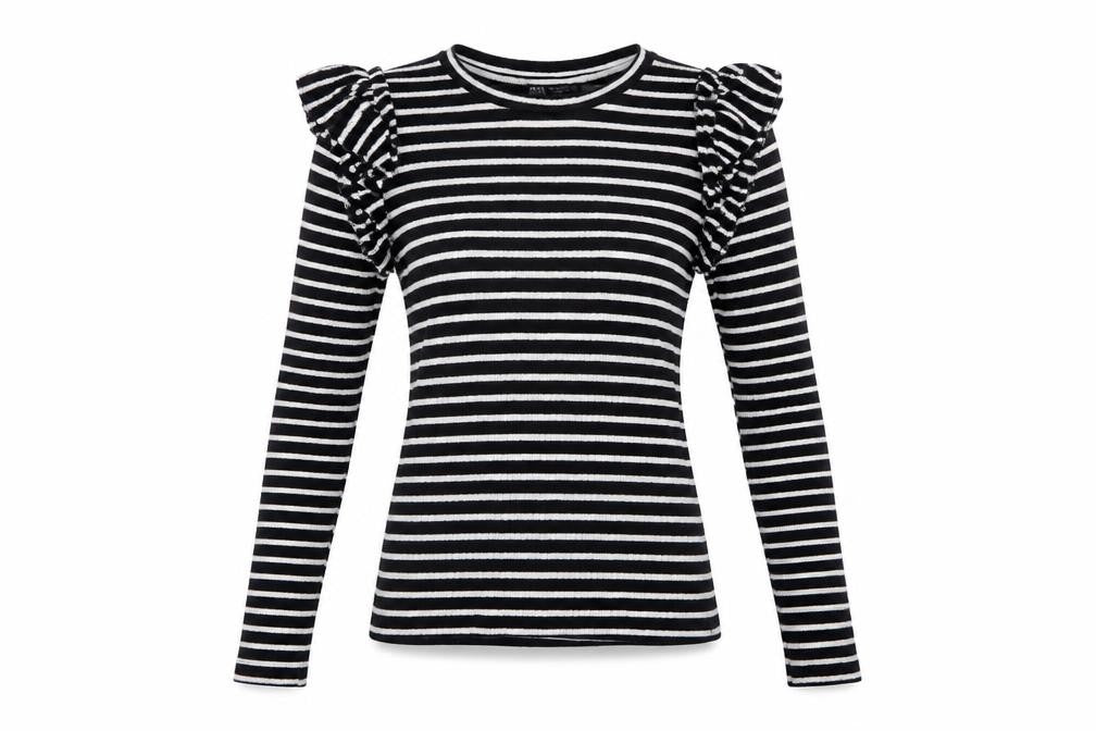 Front view of Zara Women Black White S Striped Ruffle Long Sleeve Basic T-Shirt