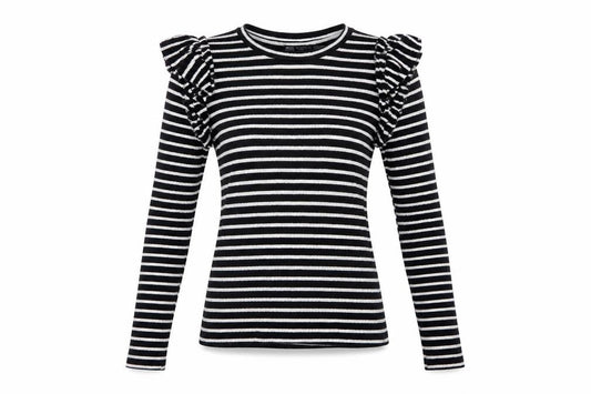 Zara Women Black White S Striped Ruffle Long Sleeve Basic T-Shirt