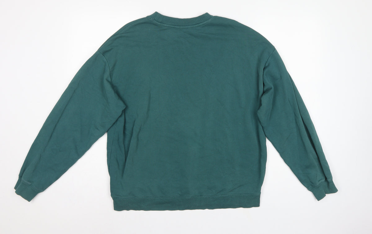 Brand and care label for Monki Women’s Green, size UK 12, Relaxed Crew Neck Pullover Sweatshirt