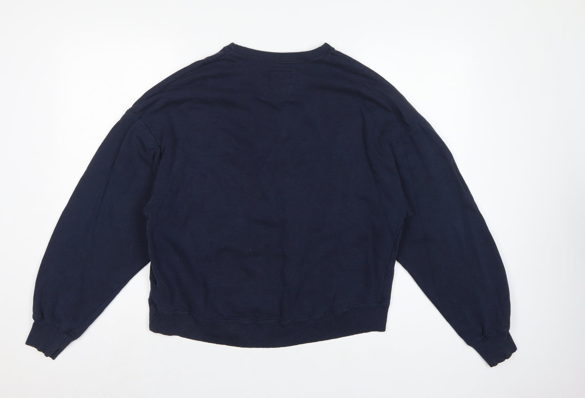Brand and care label for Hollister Women’s Blue M Logo Crew Neck Pullover Sweatshirt