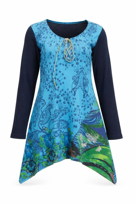 Front view of Desigual Women Blue S Floral Asymmetric Boho Swing Dress