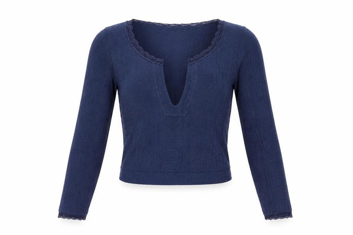 Out From Under Women’s Blue XS Cropped Knit V-Neck Long Sleeve Top