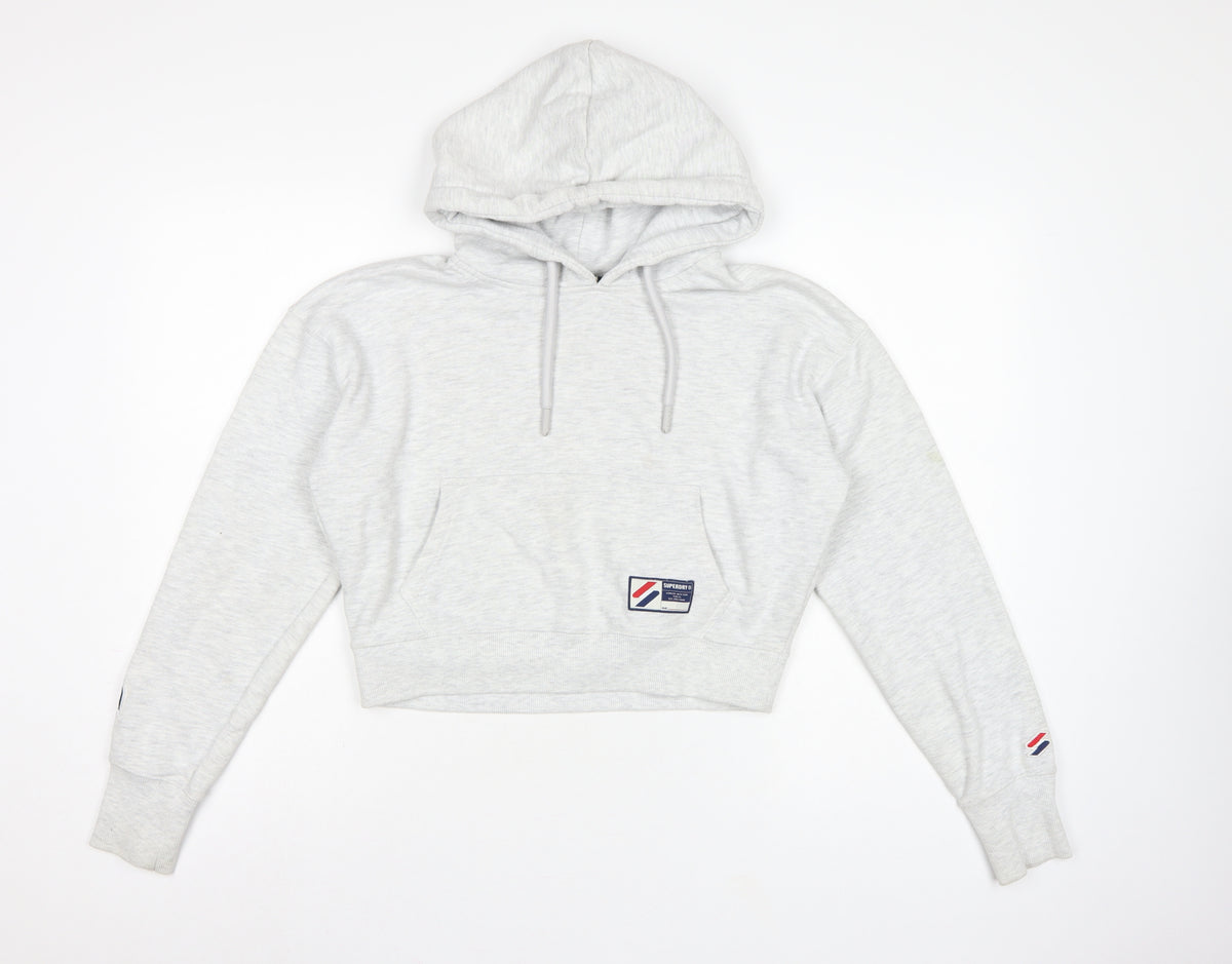 Back view of Superdry Women’s Grey UK 10 Logo Pullover Hoodie Cropped
