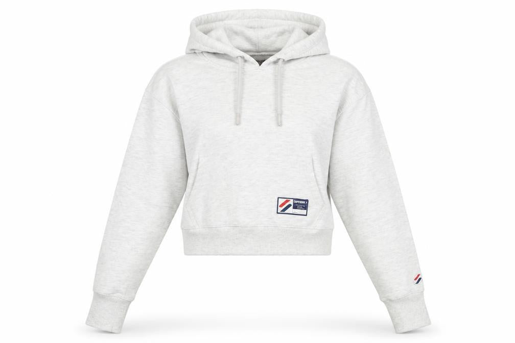 Front view of Superdry Women’s Grey UK 10 Logo Pullover Hoodie Cropped