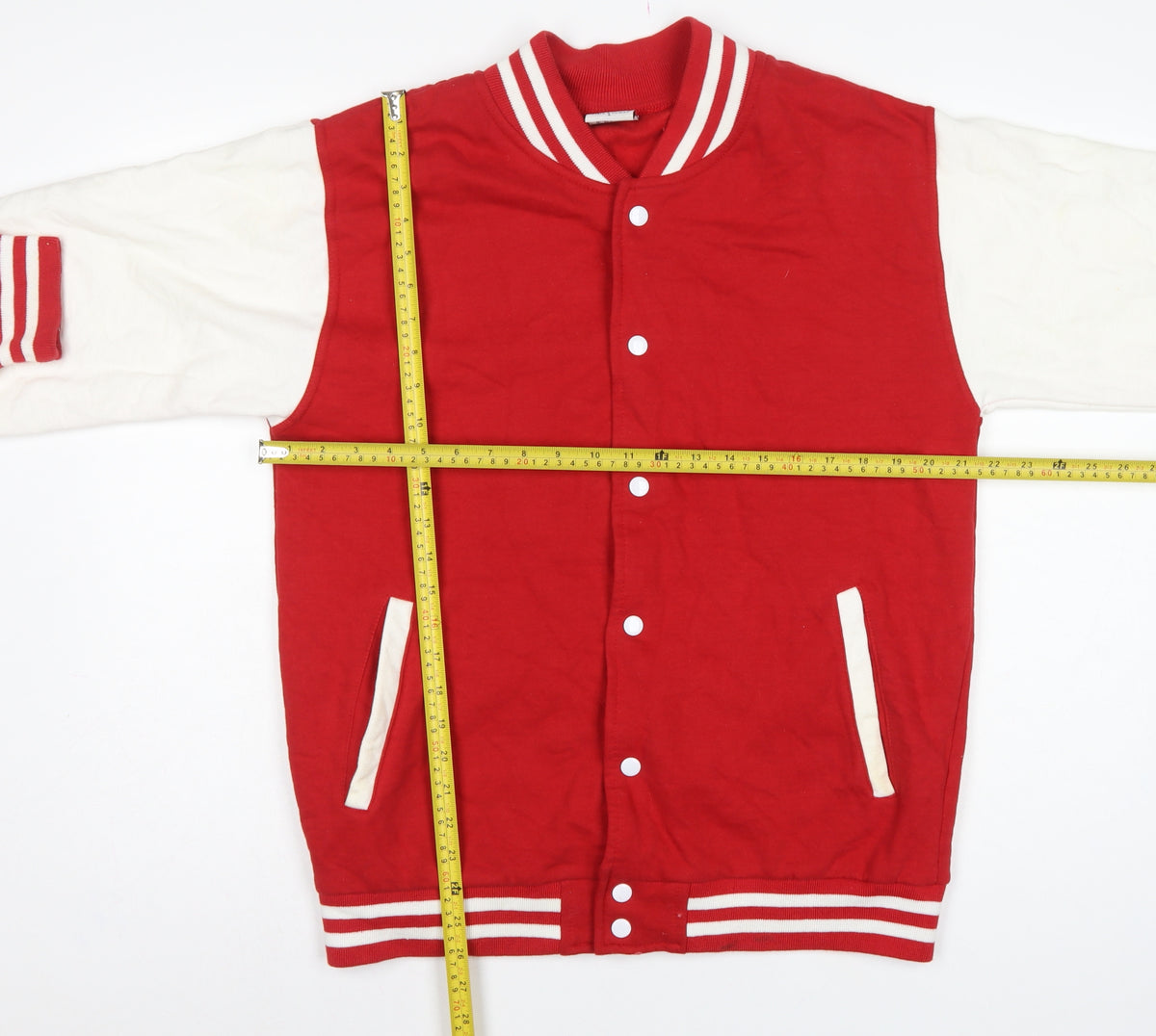 Close-up detail of Stars & Stripes Men’s Red White L Varsity Snap Sweatshirt Jacket