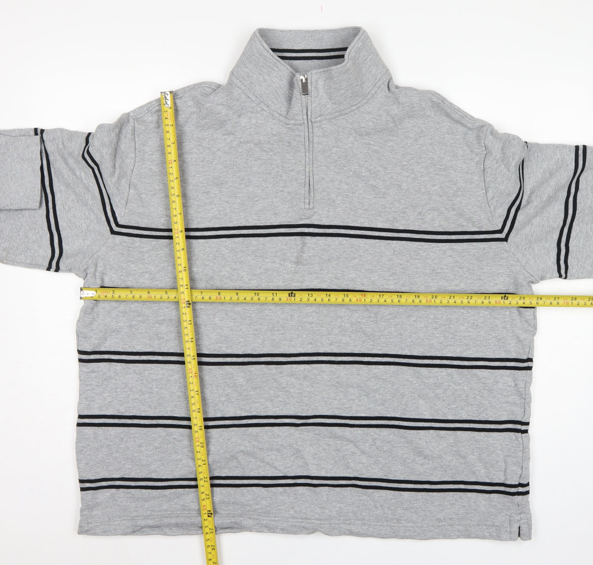 Close-up detail of Marks & Spencer Men Grey 2XL Pullover 1/4 Zip Striped Sweatshirt