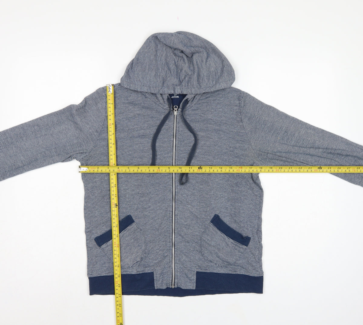 Close-up detail of GAP Teens Blue Striped Full Zip Hooded Sweatshirt, size 6, Pockets