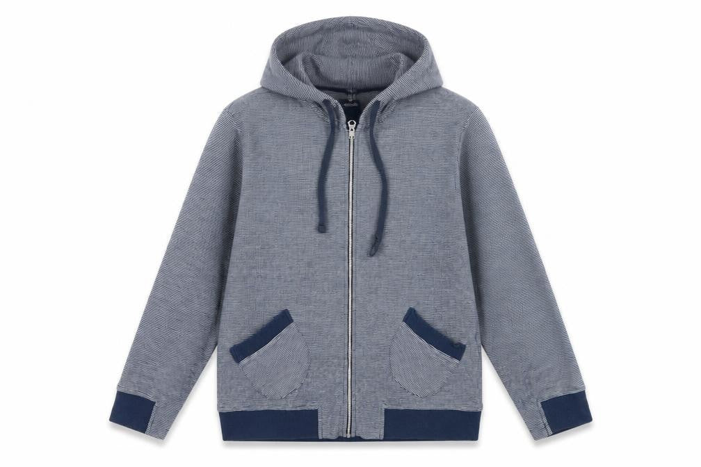 Front view of GAP Teens Blue Striped Full Zip Hooded Sweatshirt, size 6, Pockets