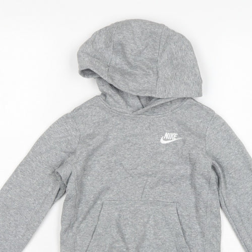 Nike Boys Grey Logo Pullover Hoodie XS 7-8 Years Cotton Blend
