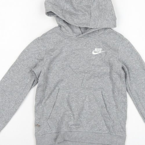 Nike Boys Grey Logo Pullover Hoodie XS 7-8 Years Cotton Blend