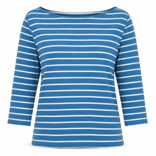 Laura Ashley Women Blue White Striped M 3/4 Sleeve Boat Neck Jersey T-Shirt