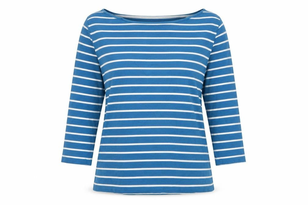 Laura Ashley Women Blue White Striped M 3/4 Sleeve Boat Neck Jersey T-Shirt