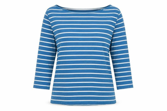 Laura Ashley Women Blue White Striped M 3/4 Sleeve Boat Neck Jersey T-Shirt