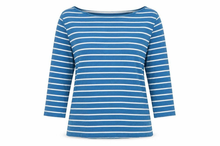 Laura Ashley Women Blue White Striped M 3/4 Sleeve Boat Neck Jersey T-Shirt