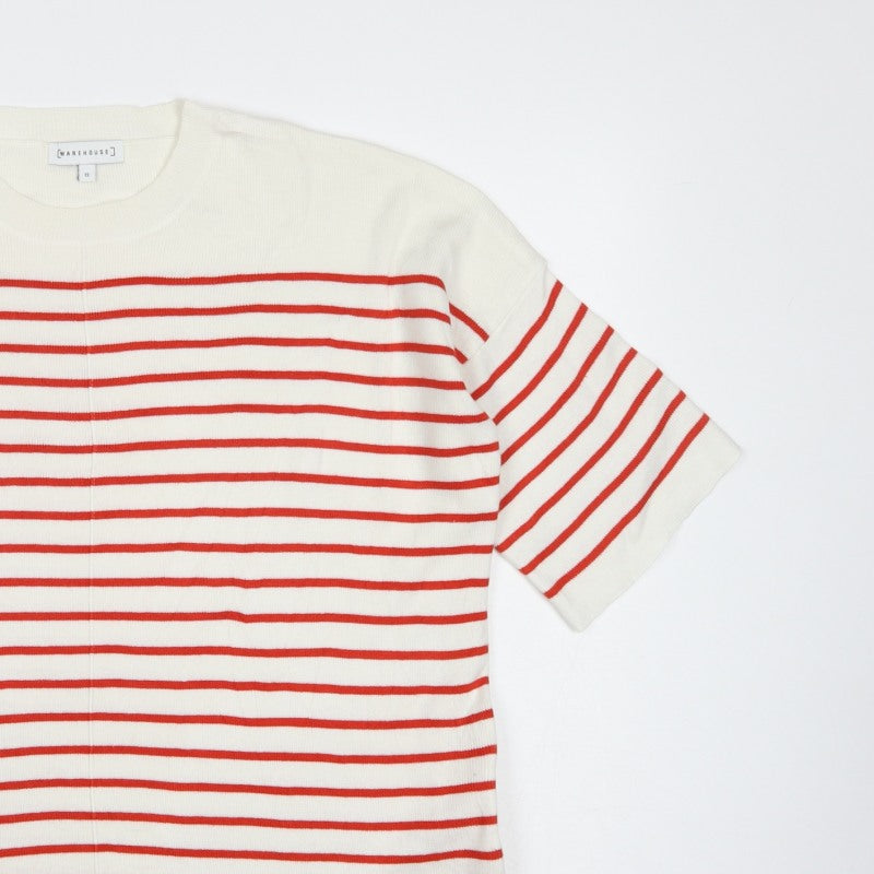 Warehouse Women Ivory Red Stripe Knit Top UK 12 Crew Neck Zip