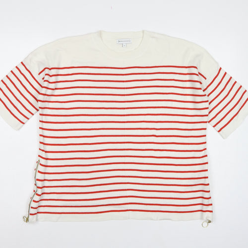 Warehouse Women Ivory Red Stripe Knit Top UK 12 Crew Neck Zip
