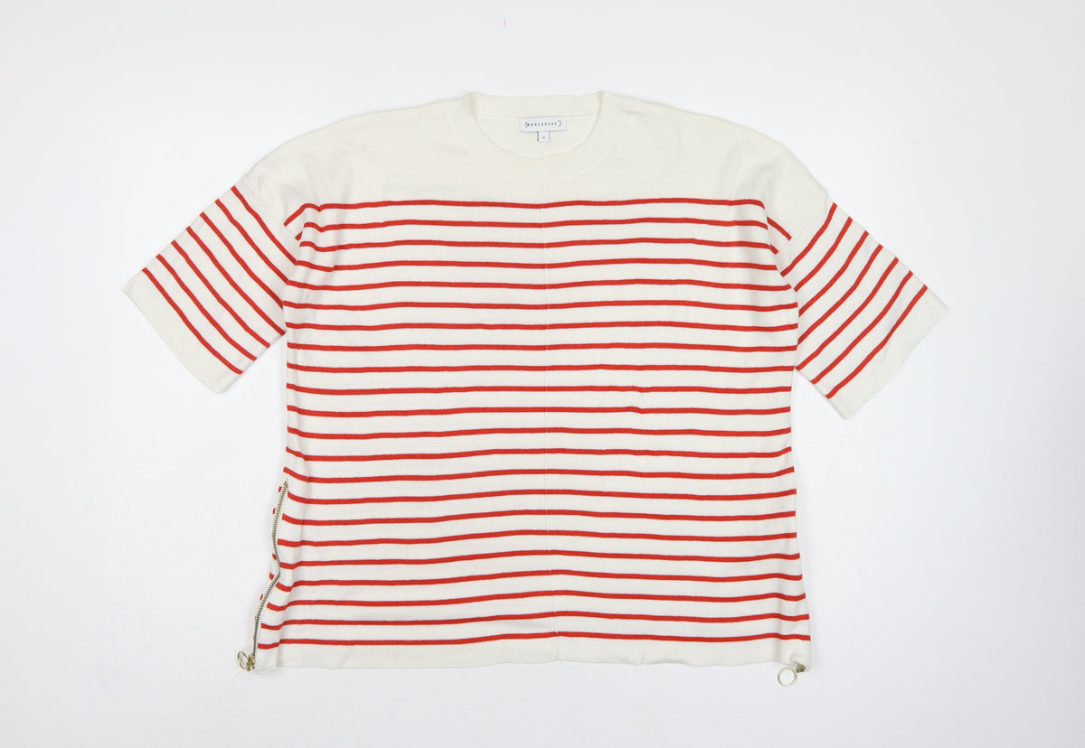 Warehouse Women Ivory Red Stripe Knit Top UK 12 Crew Neck Zip