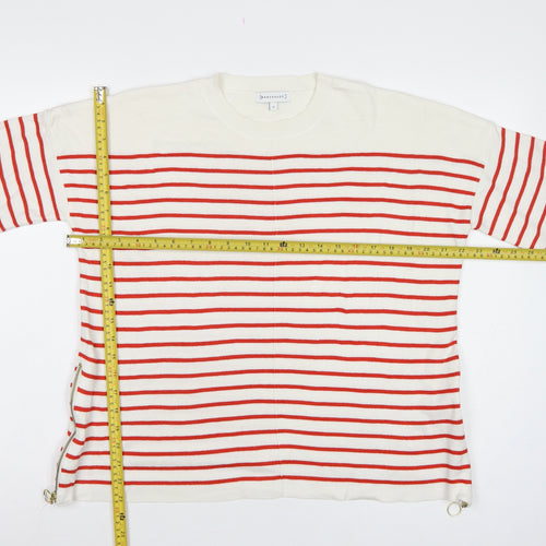 Warehouse Women Ivory Red Stripe Knit Top UK 12 Crew Neck Zip