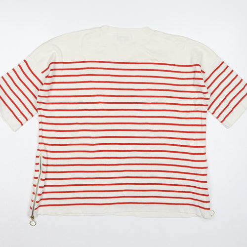Warehouse Women Ivory Red Stripe Knit Top UK 12 Crew Neck Zip