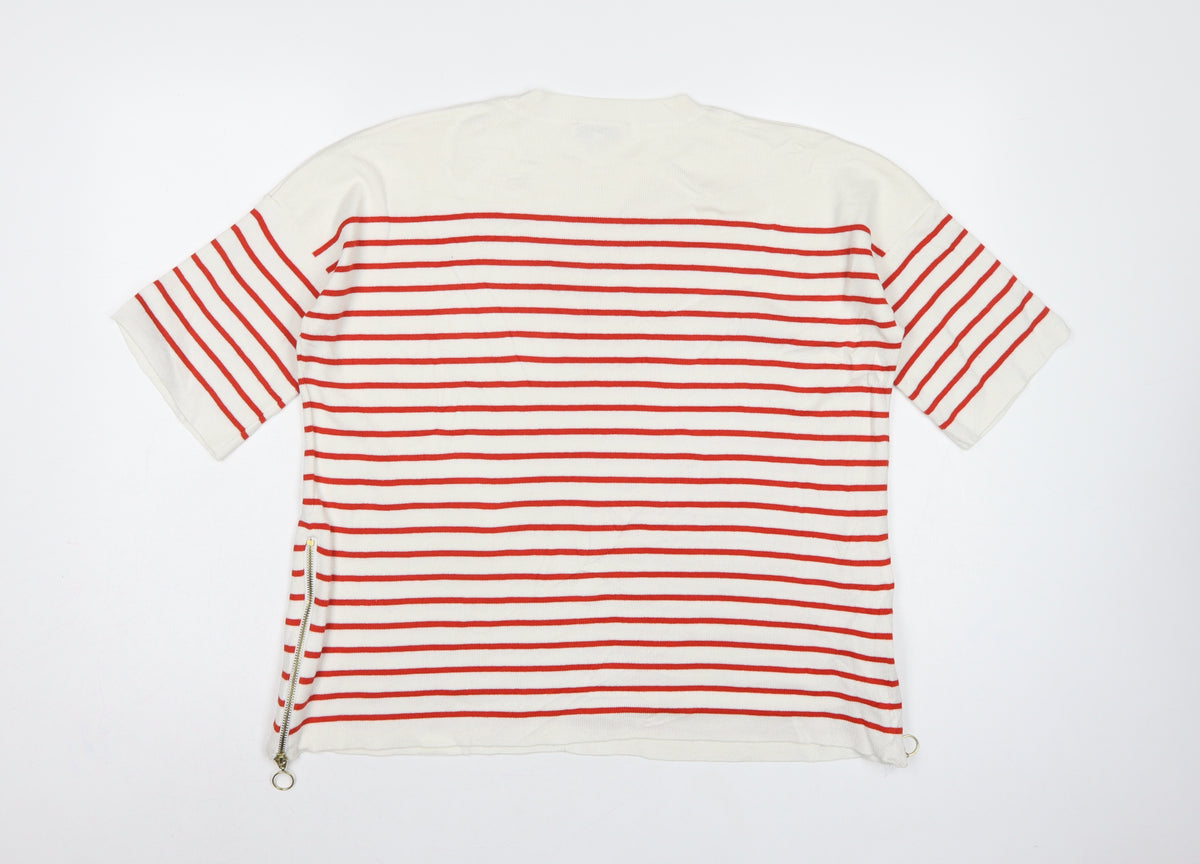 Warehouse Women Ivory Red Stripe Knit Top UK 12 Crew Neck Zip