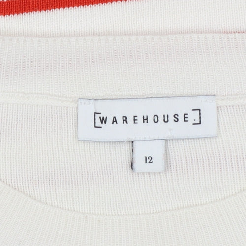 Warehouse Women Ivory Red Stripe Knit Top UK 12 Crew Neck Zip