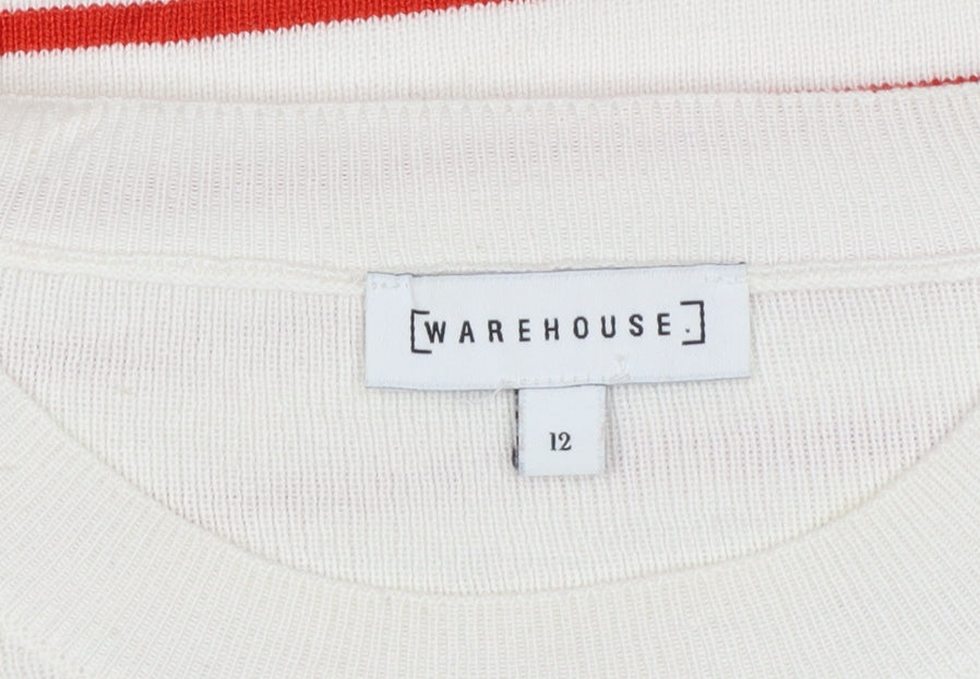 Warehouse Women Ivory Red Stripe Knit Top UK 12 Crew Neck Zip
