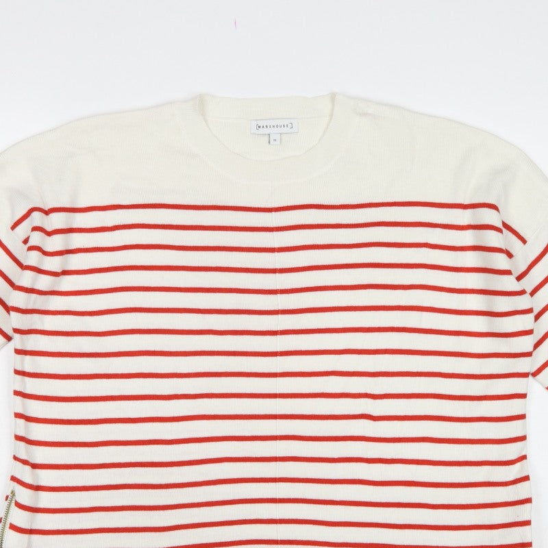 Warehouse Women Ivory Red Stripe Knit Top UK 12 Crew Neck Zip