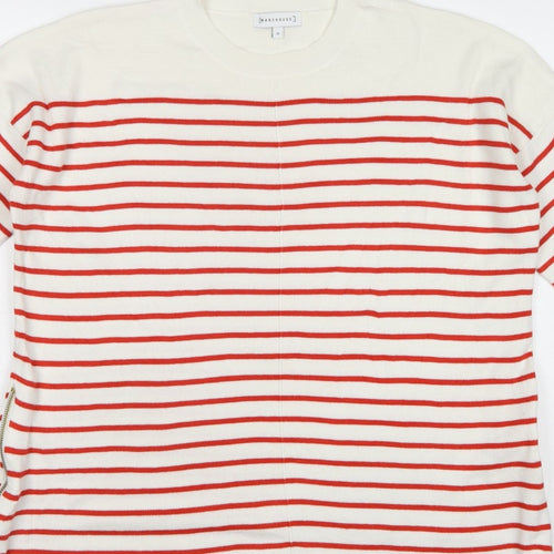 Warehouse Women Ivory Red Stripe Knit Top UK 12 Crew Neck Zip