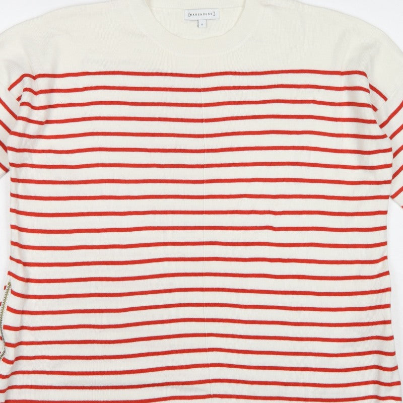 Warehouse Women Ivory Red Stripe Knit Top UK 12 Crew Neck Zip